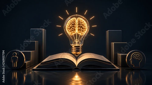 Naklejka Brain Lightbulb Shining Over Open Book and Data Graphs for Learning Analytics