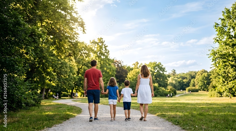 Fototapeta premium A happy family of four walking together on a path in a sunny green park during summer