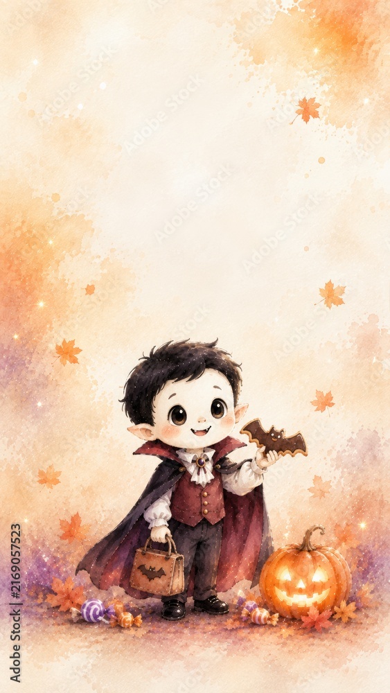 Fototapeta premium Watercolor halloween child with vampire costume holding bat candy bag, jack o lantern, autumn leaves, cute trick or treat night, spooky holiday celebration, copy space design copy space