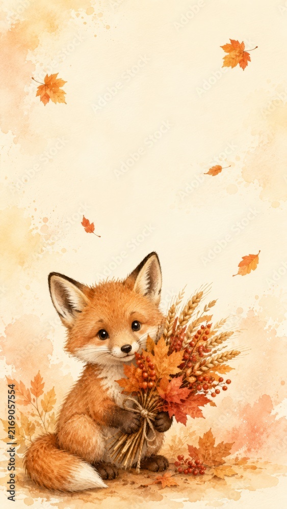 Fototapeta premium Watercolor thanksgiving fox holding autumn bouquet with fall leaves, cute animal in vertical design. seasonal celebration, harvest theme, greeting card, festive decor, cozy art copy space
