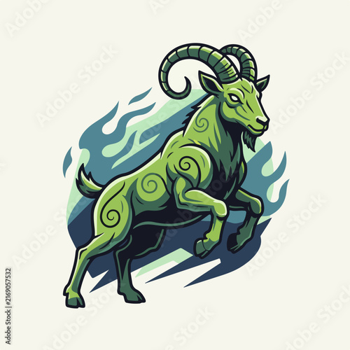 Stylized Green Goat Illustration with Tribal Swirl Patterns.