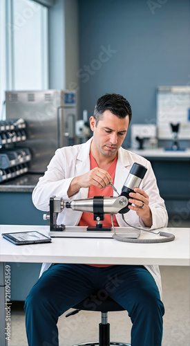 Male prosthetics technician calibrating motorized metallic bionic elbow joint with precision tool at clinic workbench. Biomedical engineer adjusting advanced artificial limb technology concept