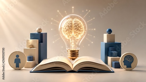 Naklejka Glowing Brain Lightbulb Above Open Book for Education and Knowledge Concept