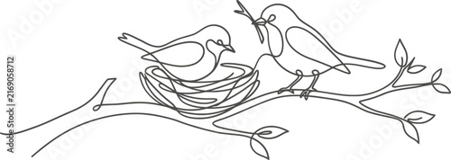 Continuous line art of birds nesting on a branch, minimalist bird couple with nest vector, elegant spring nature line drawing
