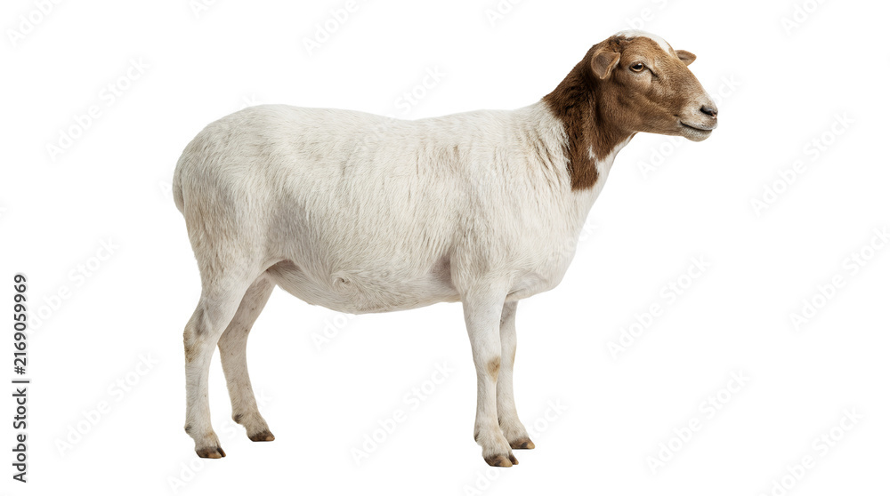 Fototapeta premium Cute sheep standing on white background.