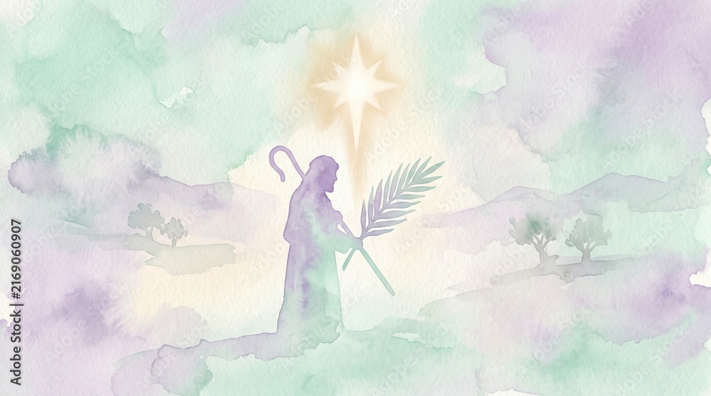 Fototapeta premium Christmas watercolor illustration of shepherd walking through a peaceful landscape beneath the guiding star. Nativity story, faith, hope, and holiday greeting card concept
