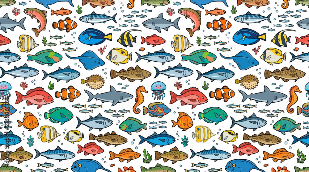 Naklejka premium vibrant underwater scene with various colorful fish sharks and jellyfish