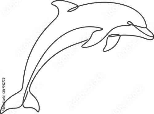 Minimalist dolphin continuous line art, jumping sea mammal vector illustration, elegant aquatic animal outline for logo design