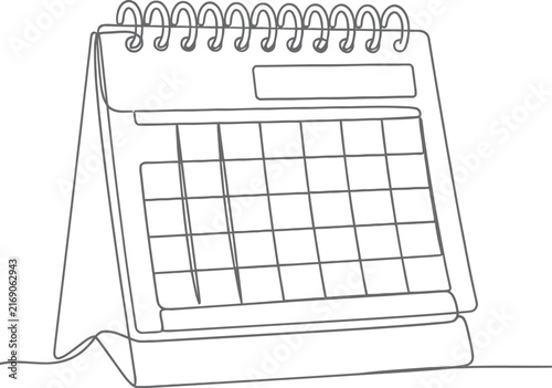 Minimalist continuous line drawing of a desk calendar, spiral bound planner vector, simple outline of a monthly schedule organizer