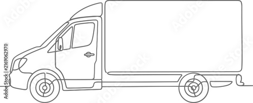 Minimalist continuous line drawing of a delivery truck. Modern one line art of a cargo van. Simple vector outline of a transport vehicle.