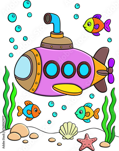 submarine with fish under water