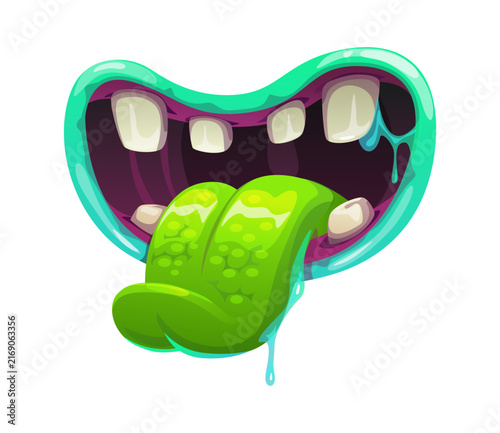 Foto Cartoon monster mouth with sharp fangs and green blistered tongue