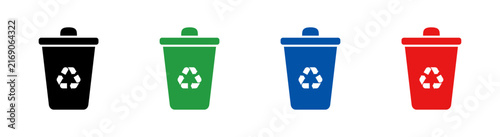 Recycling Bin Icons Set, Colored Trash Can and Waste Management Symbols