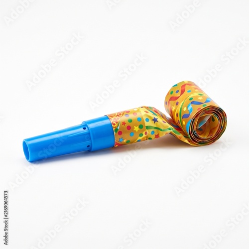 Blue party horn with colorful confetti pattern on white background