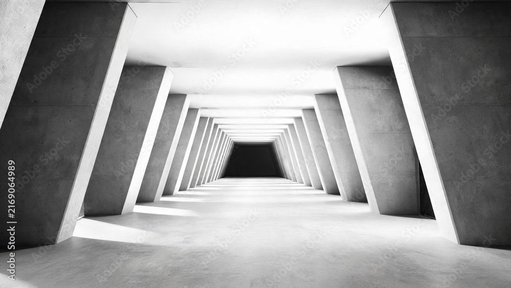 Naklejka premium A monochrome shot of a symmetrical concrete corridor with receding lines creating deep perspective and geometric order.