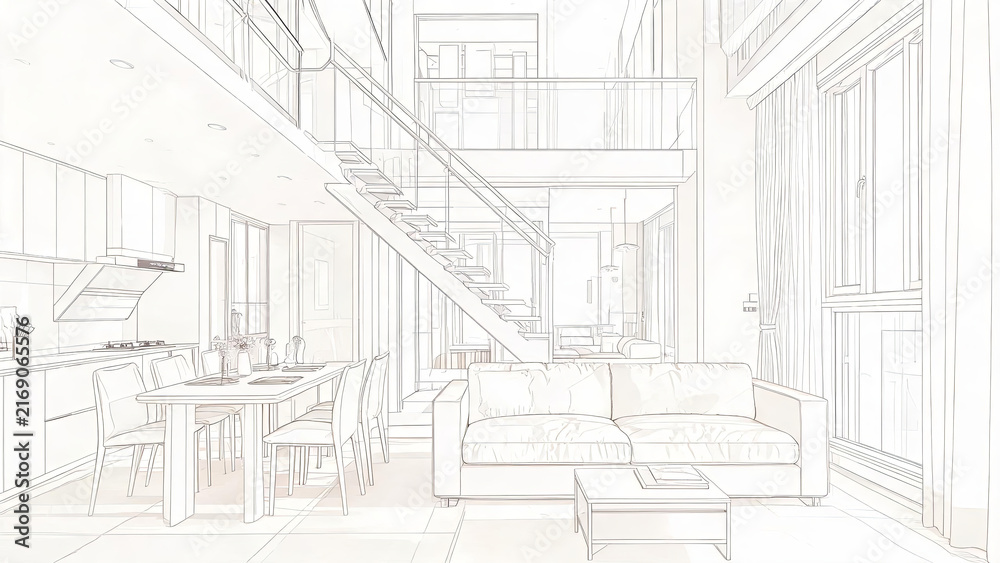 Fototapeta premium A line art sketch of a modern duplex interior featuring open plan living, dining, kitchen spaces, and a central staircase.