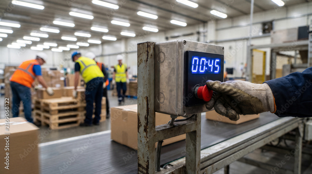 Fototapeta premium Warehouse worker pressing emergency stop button on conveyor belt control panel with digital timer display in logistics center