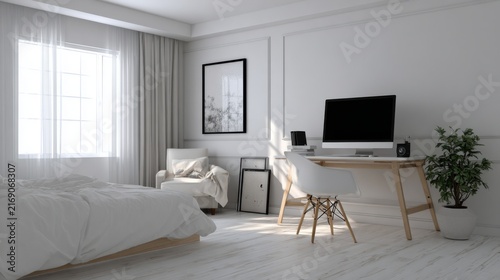 Bright and Modern Minimalist Bedroom with Stylish Workspace Setup