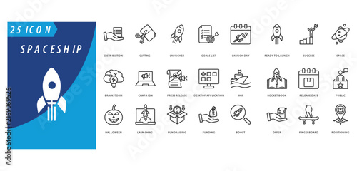 A collection of spaceship icon sets in a wireframe style. The icon pack contains distribution, cutting, launcher,
goals list, launch day, ready to launch, success, space,
brainstorm, campaign

