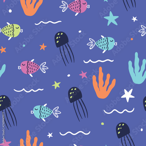 Hand Drawn Under the Sea Seamless Pattern with Colorful Fish, Jellyfish and Seaweed