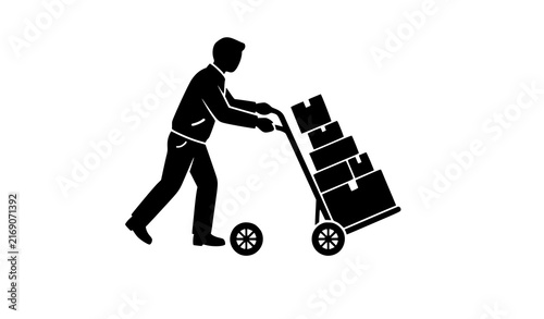 Delivery man pushing hand truck loaded with cardboard boxes black silhouette vector icon for logistics shipping and courier services