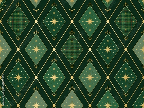 surreal fantasy Christmas rhombus plaid texture with gold line and stars. Green geometric diamond abstract pattern