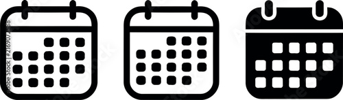 A set of three black and white calendar icons representing scheduling time management planning and organization for business projects