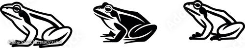 A collection of three simple black and white line art illustrations of frogs sitting in a row on white background