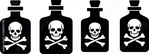 A set of four black poison bottle icons featuring skull and crossbones symbols isolated on a plain white background