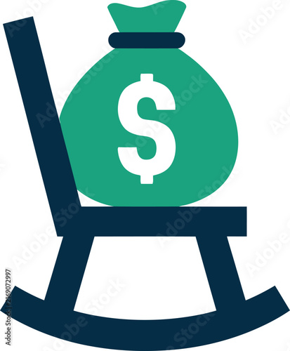 A flat vector icon representing a green money bag with a dollar sign sitting on a dark blue rocking chair