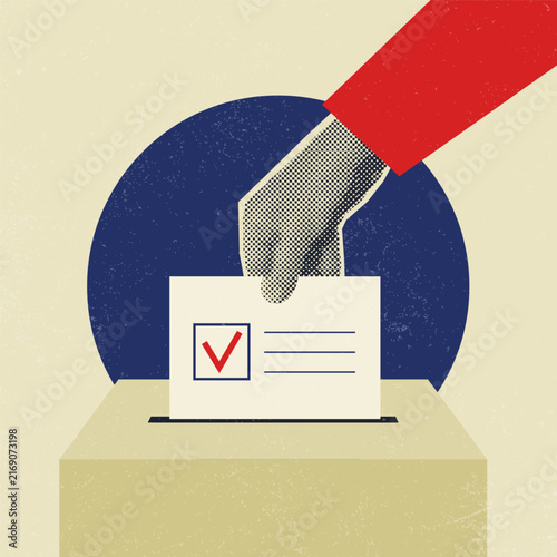 Принти на полотні Trendy election banner with woman hand placing ballot into voting box in retro halftone collage style
