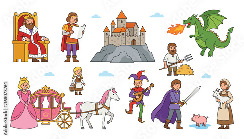 Obraz na plátne Medieval fairytale fantasy character vector icon set with king queen prince jest
