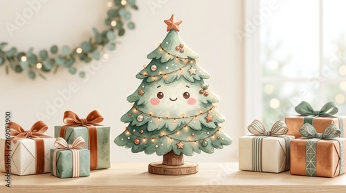 Cute watercolor christmas tree with a smiling face and fairy lights surrounded by gift boxes on a wooden table