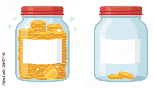Money Saving Jar Vector Illustration with Full Glass Mason Jar of Gold Coins and Empty Jar for Financial Budget and Wealth Concepts