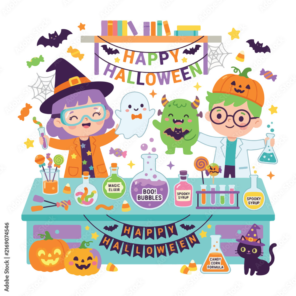 Naklejka premium Explore a cute halloween chemistry lab with children doing spooky science experiments and a stiker halloween design
