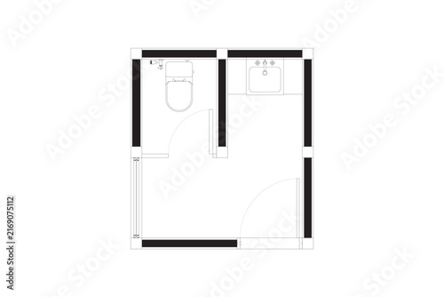 Commercial Public Toilet Floor Plan Architectural CAD Black Lines Vector. 29