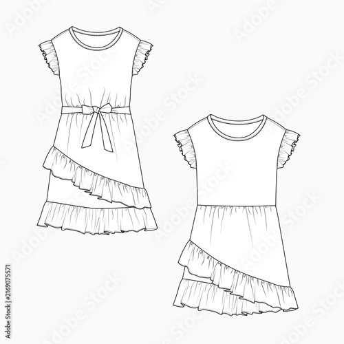 Girl's Long Dress with Double layer Ruffles and full open placket front knot trims