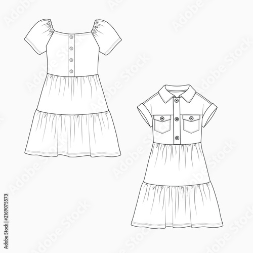Girl's Long Dress with Double layer Ruffles and full open placket front knot trims