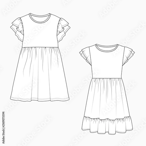 Girl's Long Dress with Double layer Ruffles and full open placket front knot trims