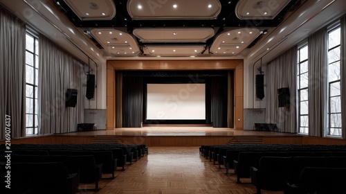 Modern auditorium with empty stage and sophisticated lighting design