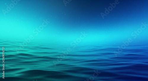 A serene seascape depicts a dark blue ocean surface under a vibrant colorful aurora borealis