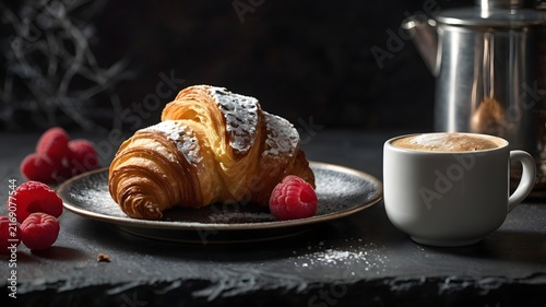 Fresh Butter Croissant with Coffee and Raspberries for Cozy French Breakfast