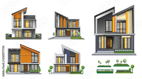 Handmade Minimalist House Illustration Set – Modern Residential Architecture. Neatly grouped elements make the artwork easy to recolor, customize, rearrange, and adapt for different applications.