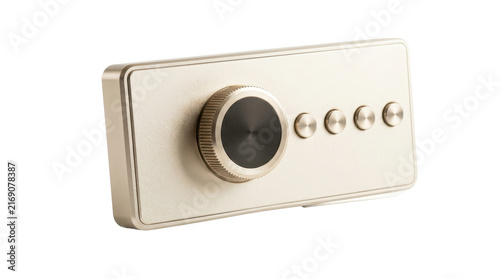 Minimalist golden wall controller featuring rotating dial metal push buttons isolated against clean white studio backdrop