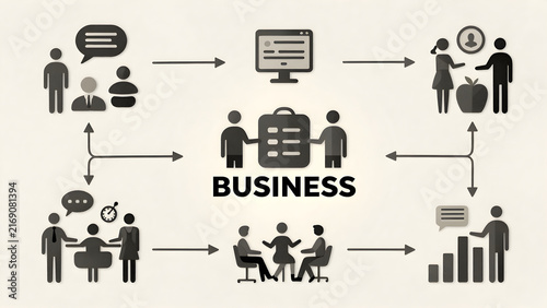 Business process flow diagram with people and technology icons