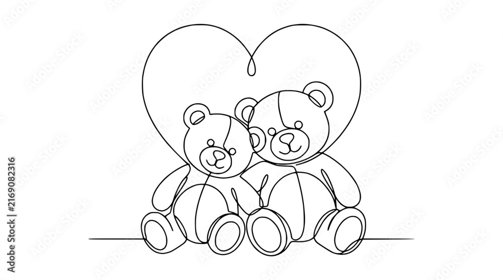 Fototapeta premium Cute Teddy Bears Love Heart Continuous Line Drawing Isolated