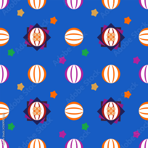 Adorable textile design featuring bright blue background with white orange purple beach balls and multicolor small stars perfect for kids fashion and holiday decoration