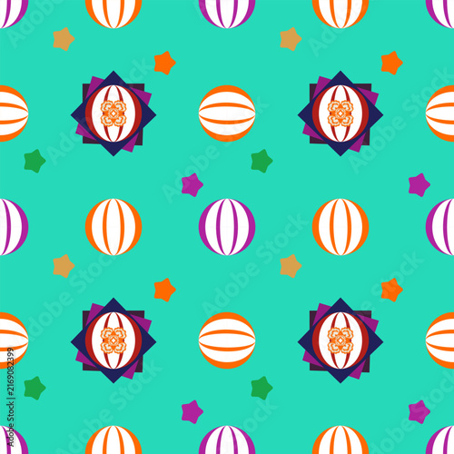 Adorable textile design featuring mint green background with white orange purple beach balls and multicolor small stars perfect for kids fashion and holiday decoration