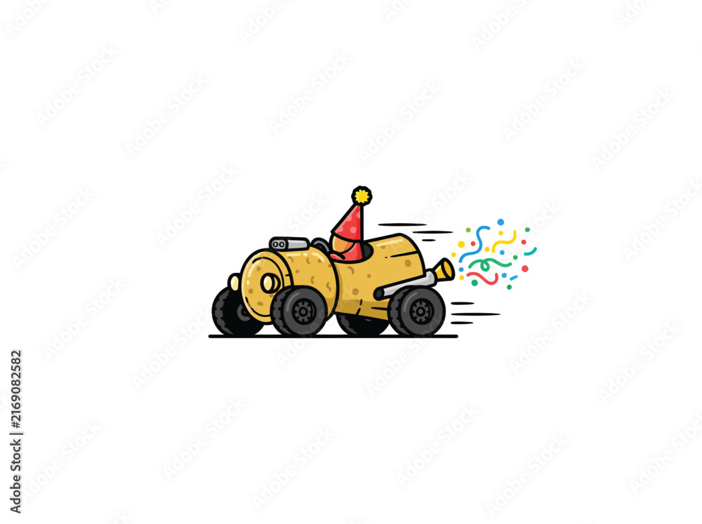 Naklejka premium Creative Illustration Of A Yellow Champagne Cork Shaped As A Race Car Featuring Black Wheels A Red Party Hat And Confetti Exhaust For Festive Celebration Vector Illustration