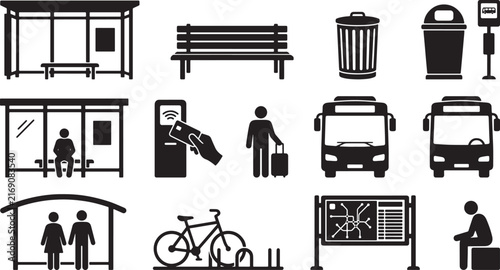 Set of black silhouette icons representing public bus transportation infrastructure and passenger travel services in flat vector style